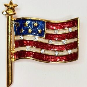 Vintage American Flag Brooch Red White Blue Enamel Rhinestone Patriotic